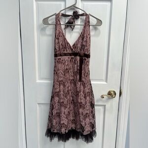 LOVE TEASE Vintage Y2K Pink & Brown Lace Halter Dress SIZE 3 Womens Pre Loved
